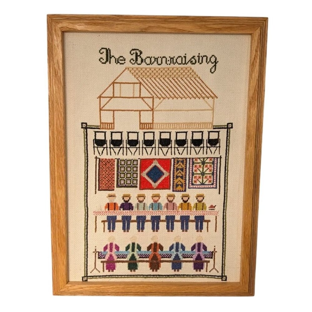 Vintage Barnraising Needlepoint Art Handcrafted Framed Cross Stitch Wall Decor